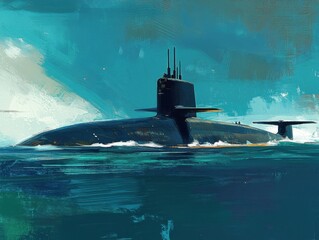 Artistic Submarine Illustration in Teal Waters with Brushstroke Texture and Dynamic Ocean Scene