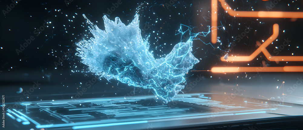 Poster a captivating digital artwork showcasing an abstract energy burst within a futuristic electronic dev