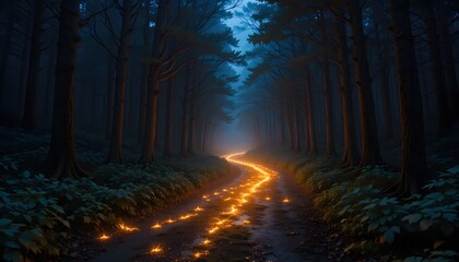 Obraz premium Enchanted Forest Pathway Illuminated by Glowing Trails at Twilight