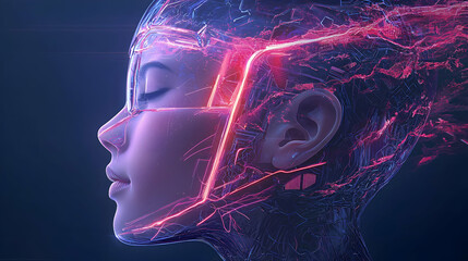 Futuristic cyborg woman profile with glowing neural network.  Great for AI tech sci-fi illustrations and digital art promoting futuristic technology.