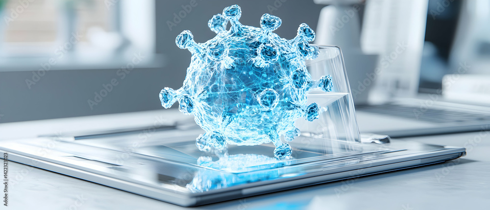 Poster a visualization of a virus model displayed on a digital device representing advanced scientific rese