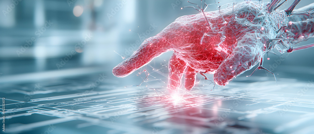 Aufkleber a futuristic digital hand interacts with a circuit board. this could be used for cybersecurity or ai