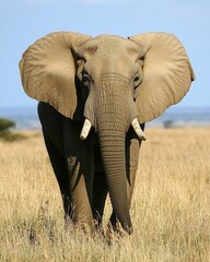Fototapeta premium Majestic african elephant portrait in golden savanna landscape under bright blue sky wildlife photography