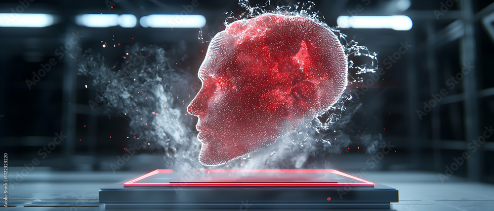 Poster a futuristic digital head emerges from a platform in a dark environment. use this for tech presentat