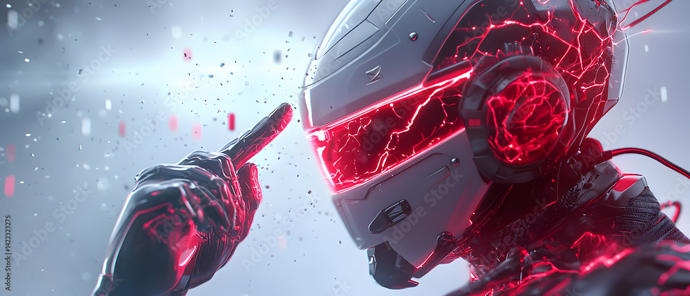 Poster cybernetic figure interacting with a red energy field. futuristic design with a glowing aesthetic. u