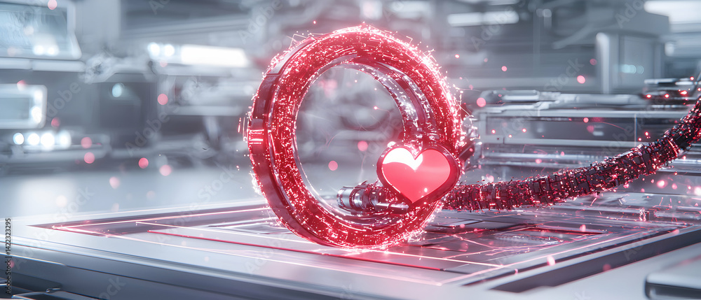 Poster a futuristic scene featuring a glowing heart-shaped device set against a high-tech laboratory backdr