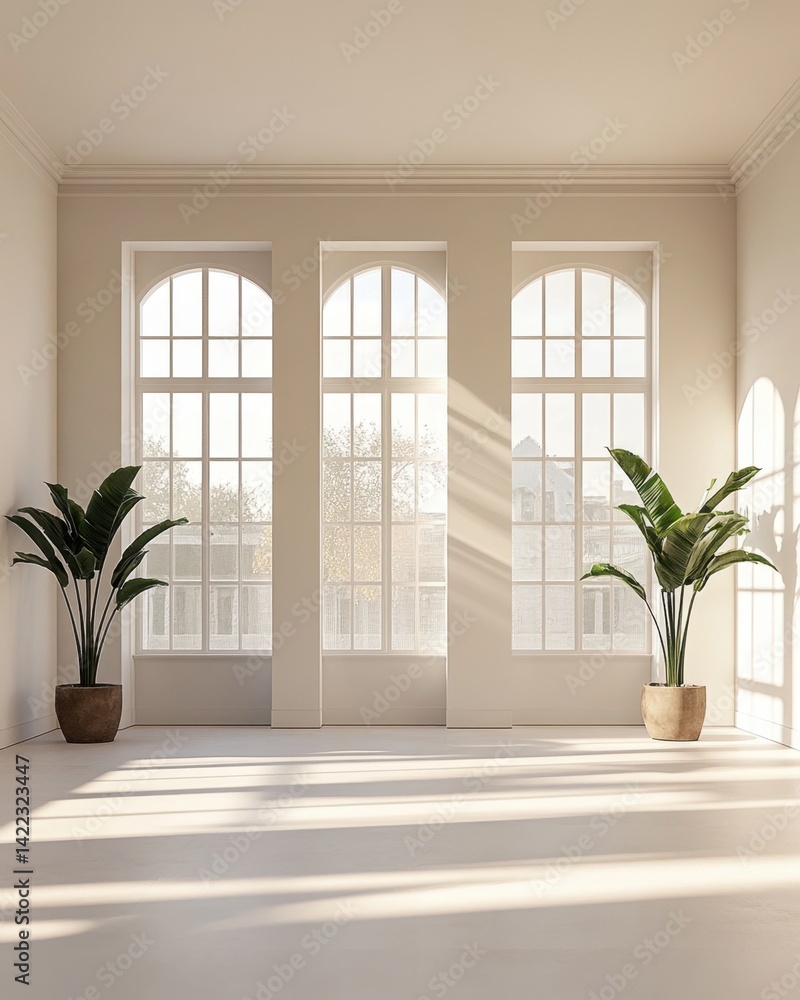 Poster bright spacious room with sunlight streaming through arched windows illuminating potted plants and c
