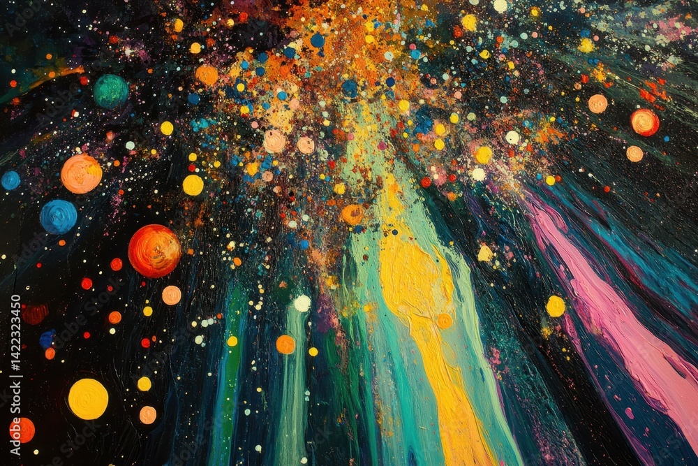 Poster in a galaxy full of shifting colorful particles, a group of scientists discovers that the colors are