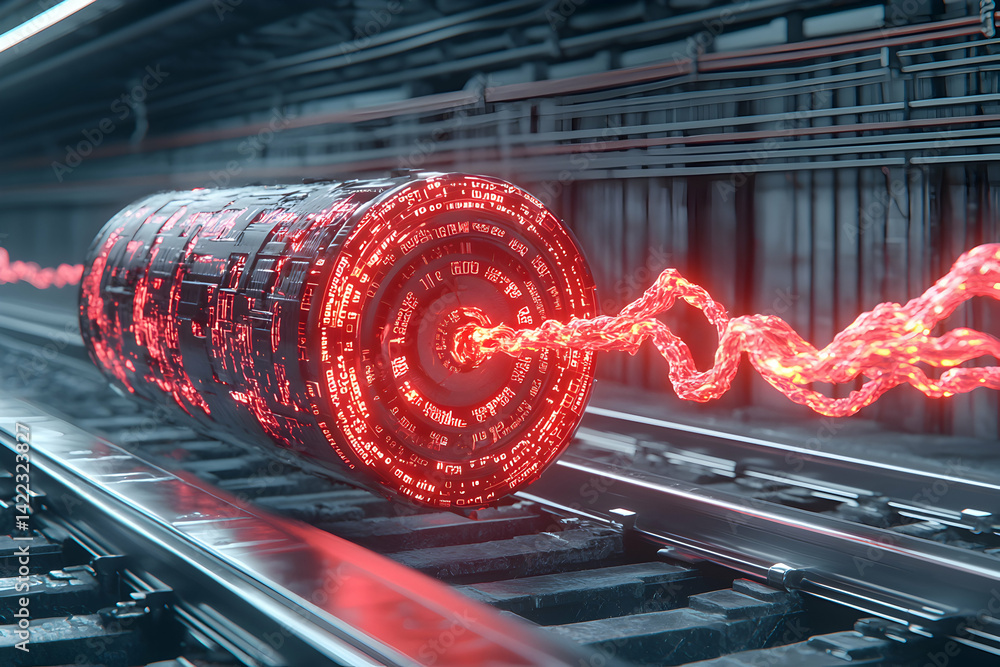 Aufkleber a futuristic cylindrical device glows red on a railway. it suggests advanced technology transporting