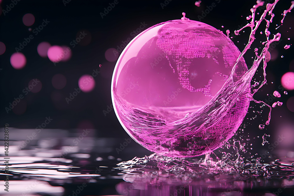 Poster a pink liquid globe showing a digital earth submerged in water. excellent for technology global netw