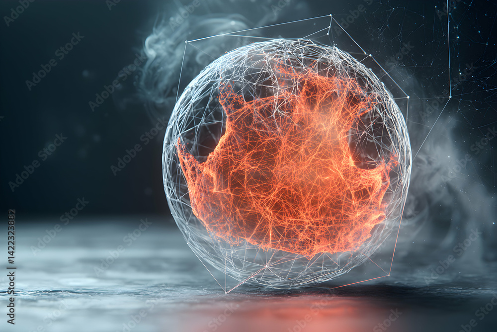Poster abstract depiction of interconnected networks glowing sphere. this could represent data cell communi