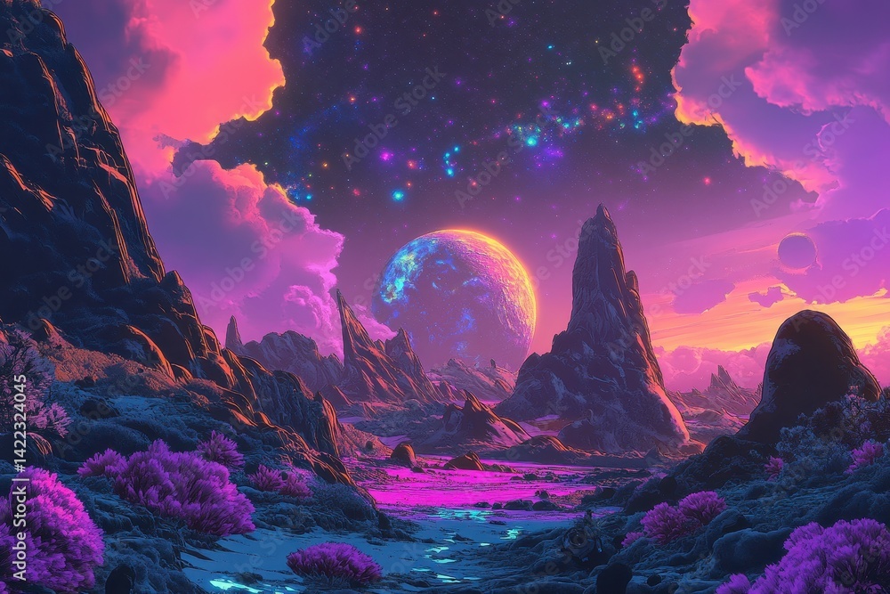 Poster in a galaxy where the colors in space interact with the moods of the planets, a group of explorers d