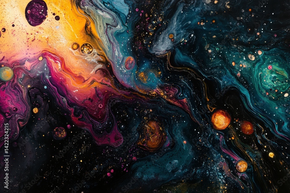 Poster in a galaxy where the colors in space interact with the moods of the planets, a group of explorers d