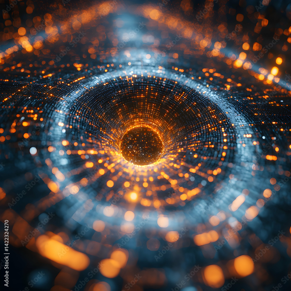 Poster an abstract digital artwork depicting a swirling vortex or wormhole with glowing particles. suggests