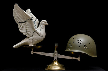The cracked statue of a dove and the helmet on the scales represent the shaky line between war and peace.