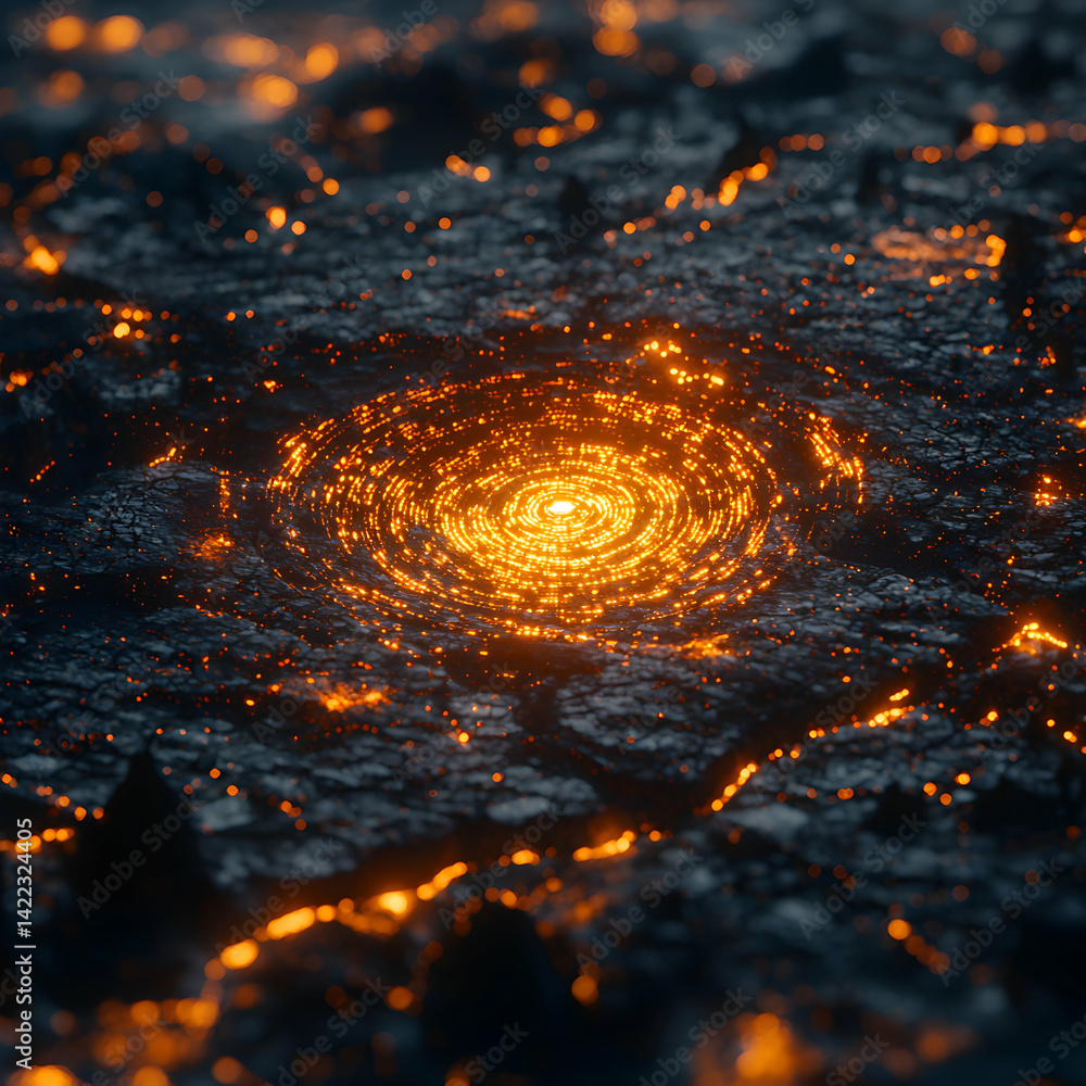 Poster abstract digital art showcasing glowing concentric circles on a textured dark surface. suggests ener