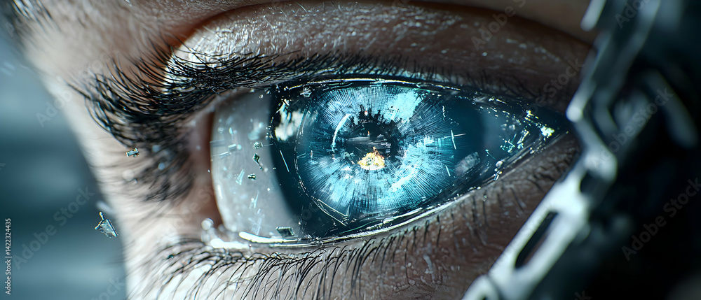 Poster a hyper-realistic cyborg eye with intricate digital details. suggests themes of technology futurism 