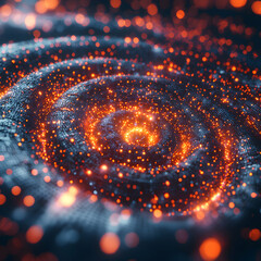 Abstract digital art with glowing orange particles spiraling outwards like a cosmic vortex. Suitable for website backgrounds futuristic concepts and science fiction visualizations.