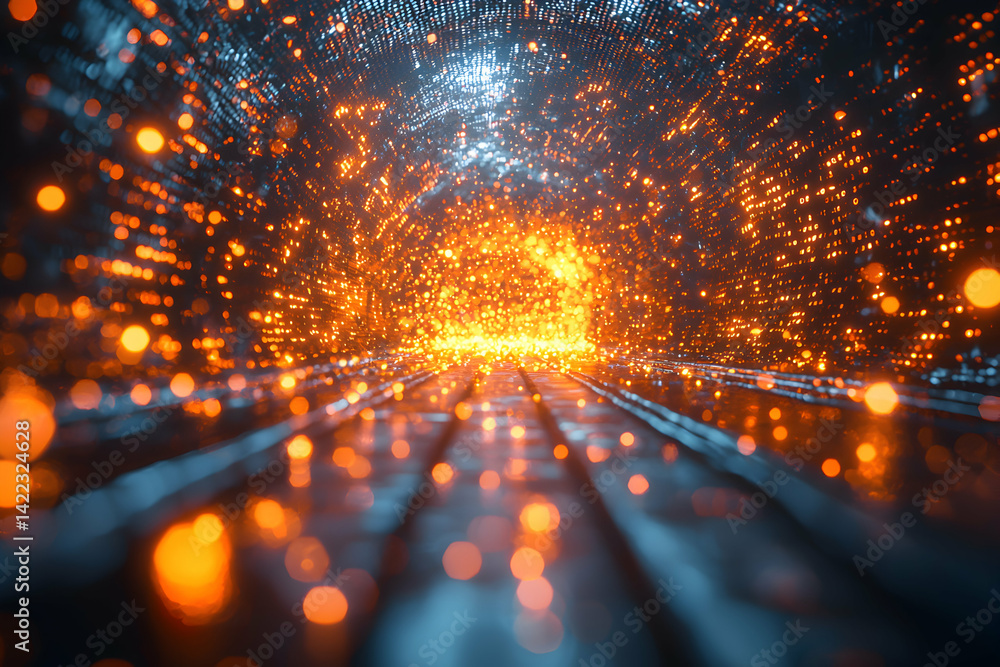 Aufkleber a futuristic tunnel of glowing particles. suggests digital data flow. could be used for a tech prese