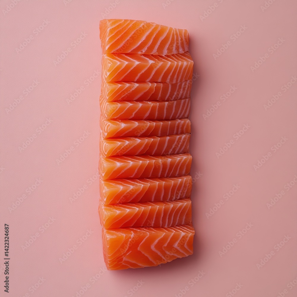 Aufkleber fresh salmon fillet pieces stacked on a pink surface creating a vibrant and appetizing display for h