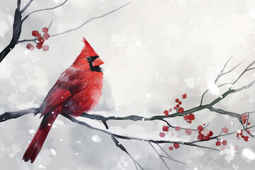 Cardinal bird in snowy landscape with red berries. Tranquil winter illustration.