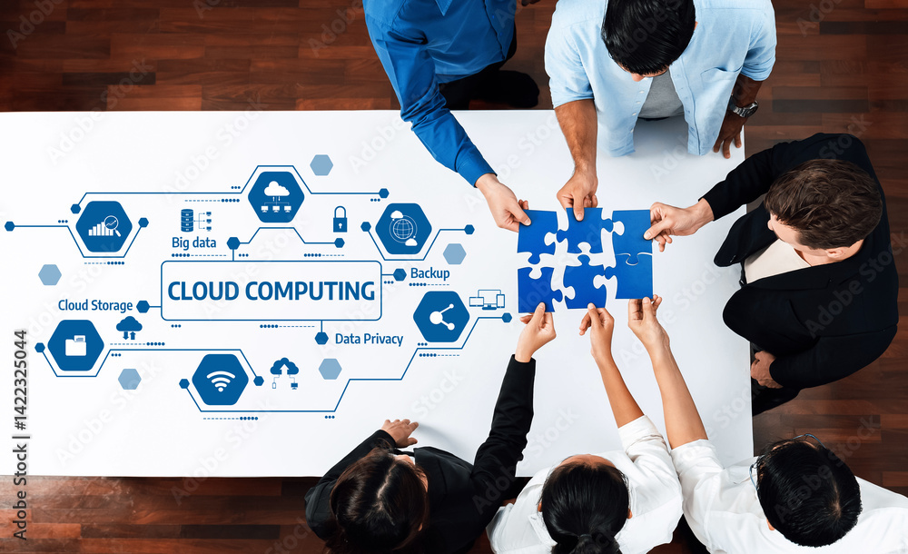 Fototapete A diverse group of professionals collaborates on cloud computing strategies, focusing on data privacy, storage, and backup in a modern office setting, underscoring teamwork and innovation. Amity