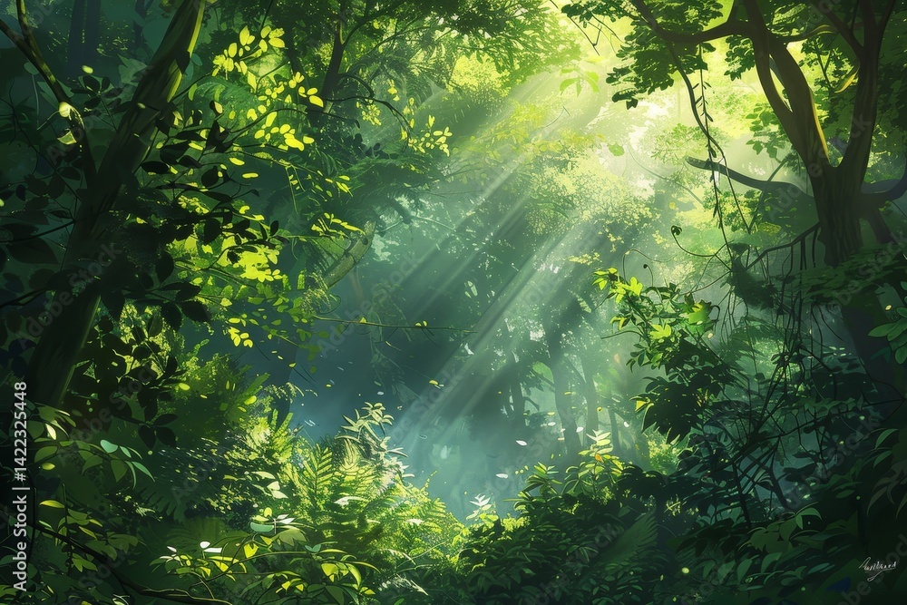Poster a vibrant, green forest with sunlight streaming through the trees, creating a dappled effect on the 