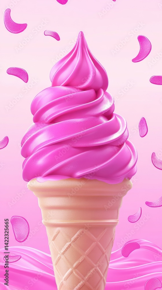 Poster delightful pink ice cream swirl in a cone with floating petals on a soft pink background creating a 