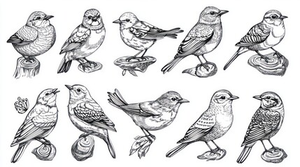Twelve hand-drawn birds perched on stumps; nature illustration for design