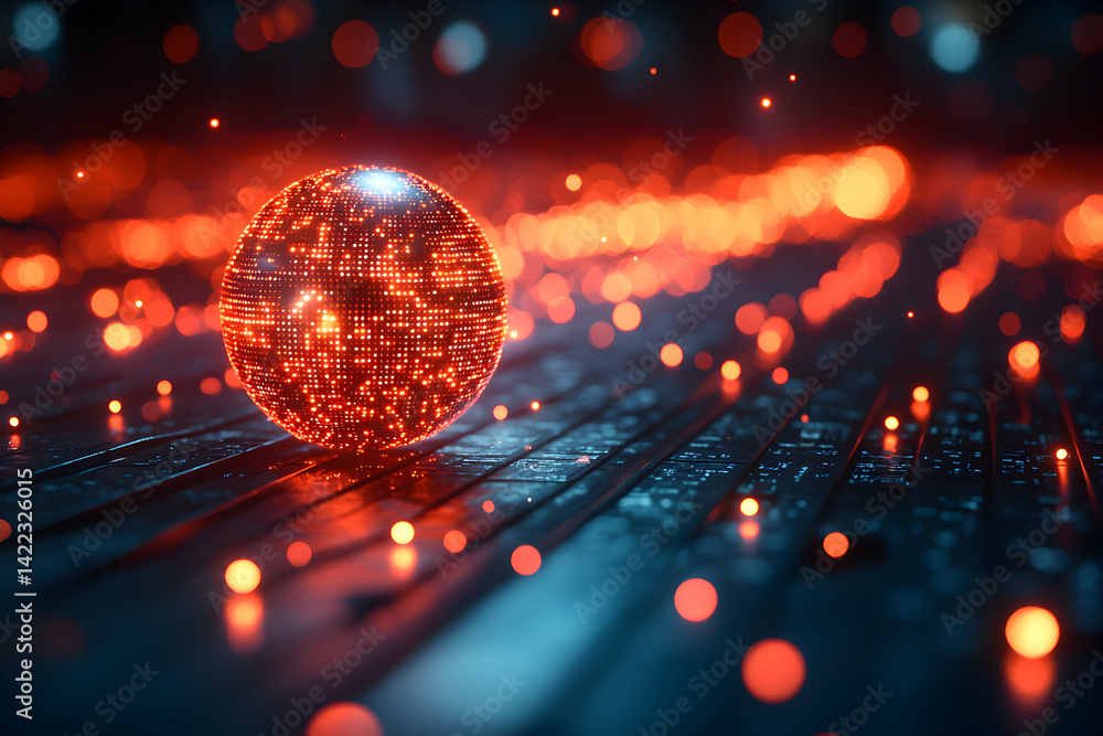 Poster a digital orb glows amidst a futuristic landscape. suggests technological advancements data visualiz