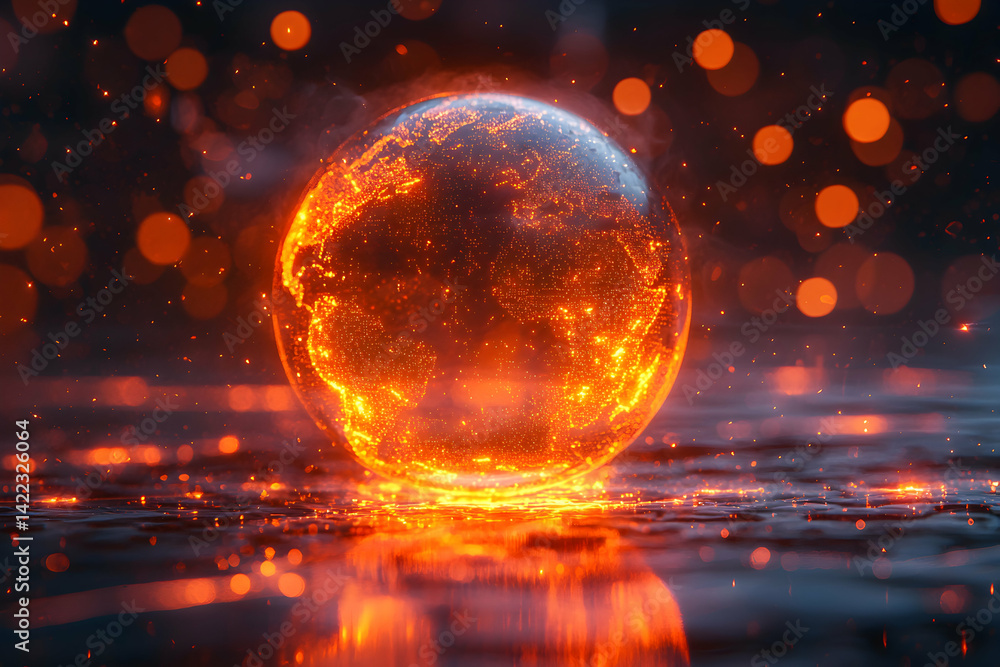Poster glowing orb depicting earth with fiery details and bokeh effects. ideal for tech science or futurist