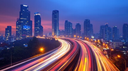 City Highway Dusk Skyline Traffic Trails