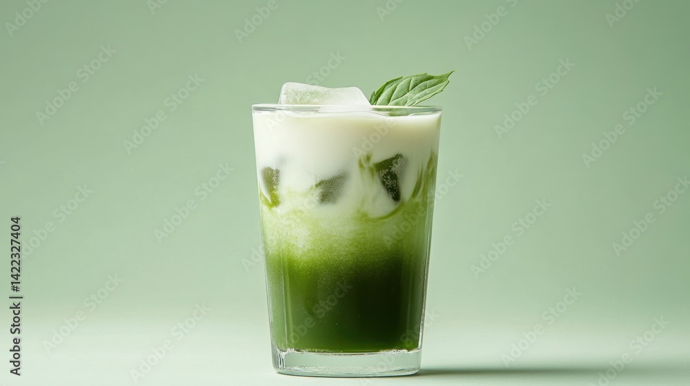 Poster refreshing matcha latte with ice cubes and mint leaf on a light green background creating a calming 