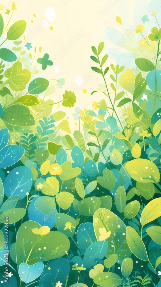 Poster 緑の葉と草の生い茂る背景の鮮やかな色彩 太陽光の下で光る草木 活気に満ちた自然の風景