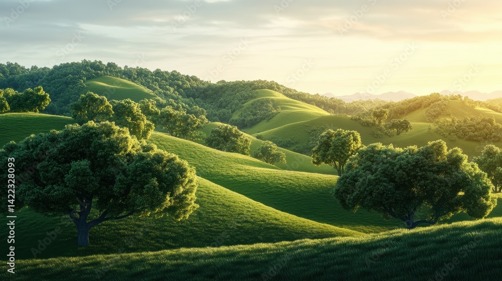Poster lush green hills with trees creating a harmonious landscape at dawn