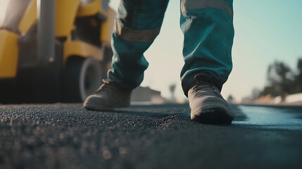 Construction Worker Walking on Fresh Asphalt