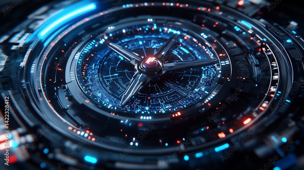 Poster futuristic circular mechanism with glowing circuits, close-up view