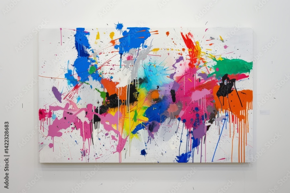 Poster a white canvas with colorful paint splatters, creating an abstract and dynamic composition, a white 
