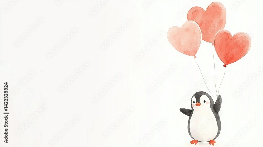 Poster penguin with red heart-shaped balloons on white background add text