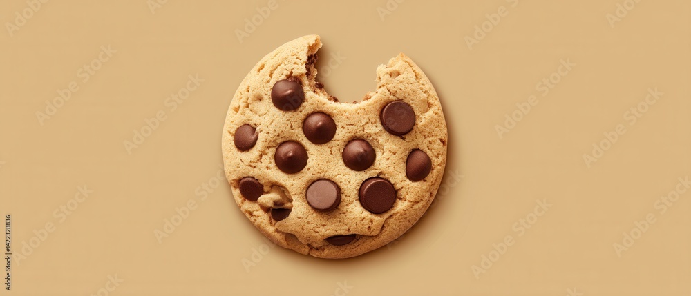 Poster delicious chocolate chip cookie with a bite taken out on a neutral background casting soft shadows o