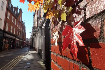 Fototapeta premium Autumn leaves on brick wall, city street scene, sunlight