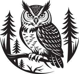 Obraz premium Black And White Owl Illustration Perched On Tree Branch