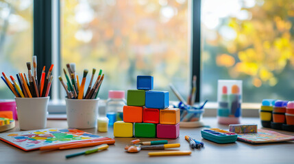 A top-tier content-ready image colorful workspace balance: a mix of office necessities, artwork, and playful decor arranged on a desk organizer.