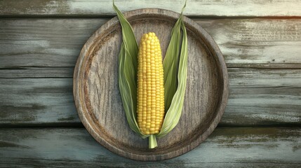 Your stock photo could be described with the keywords single ear of sweetcorn on rustic plate illustration