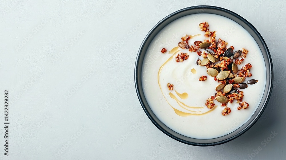 Aufkleber a white surface adorned with a bowl of yogurt topped with nuts and a drizzle of caramel