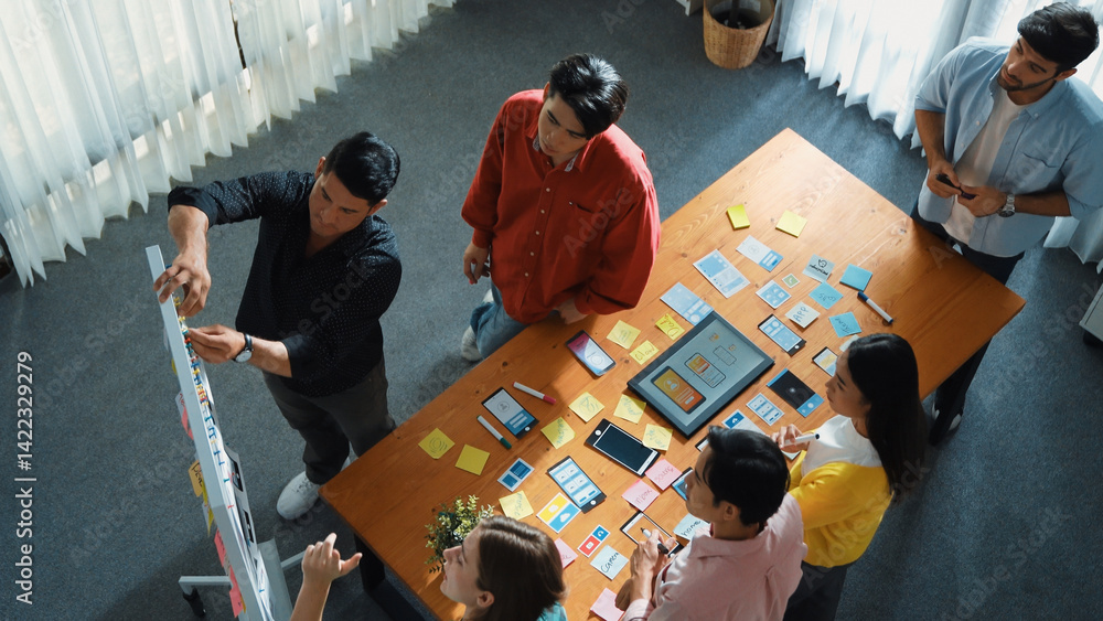 Poster top view of diverse business people writing and stick sticky notes at whiteboard. creative team work