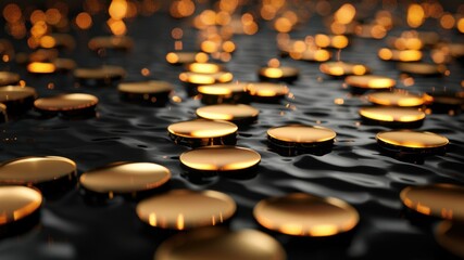 Gold coins shimmer on a black, rippling liquid, evoking wealth and luxury.