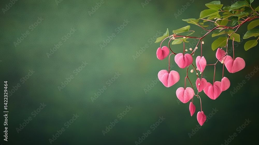 Poster pink flowers dangle on tree branches against a green backdrop with a hazy background