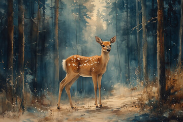 Deer in watercolor forest scene