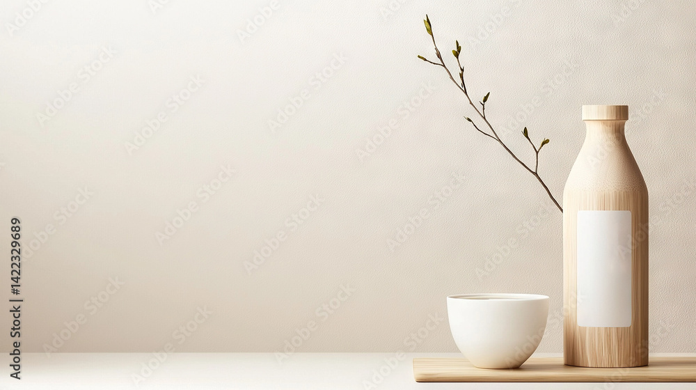 Poster a cup and a bottle rest on a table beside a vase with a twig protruding from it